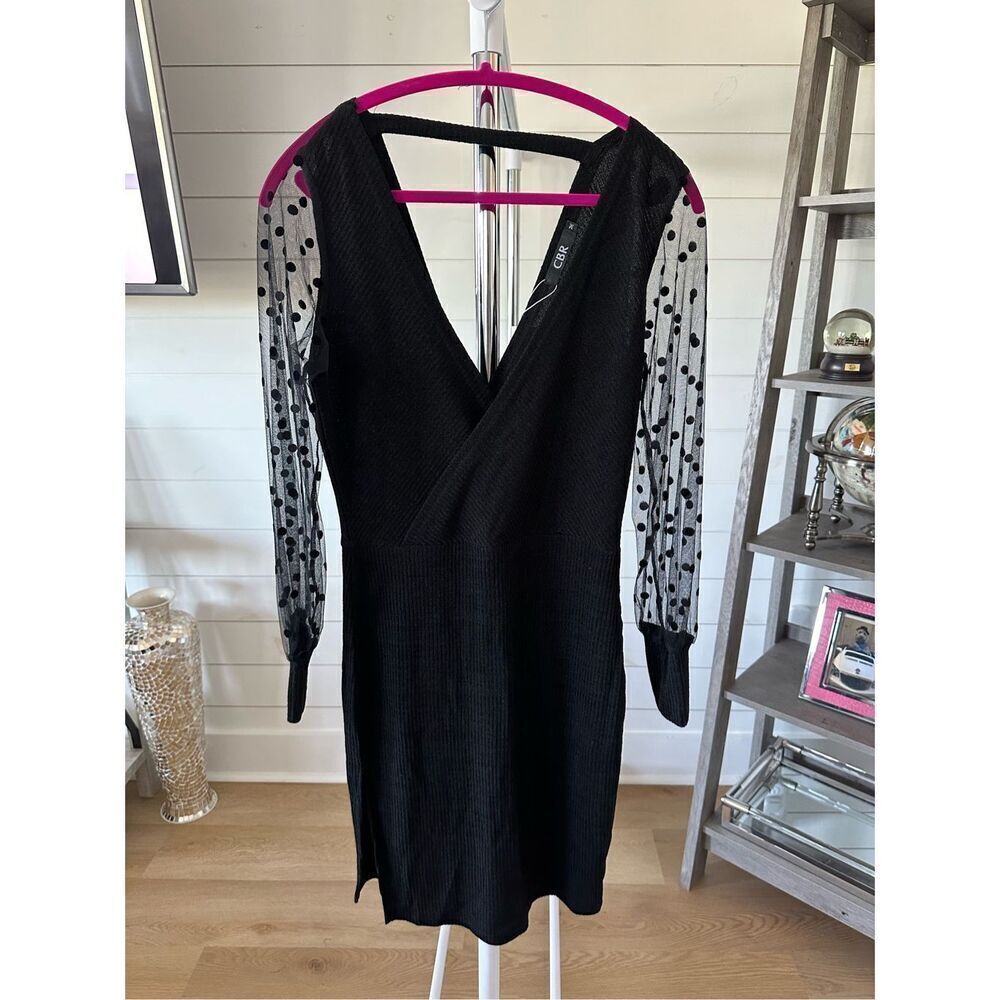 Privé Contrast Dobby Mesh Lantern Sleeve Bodycon Dress Womens M Black NWT